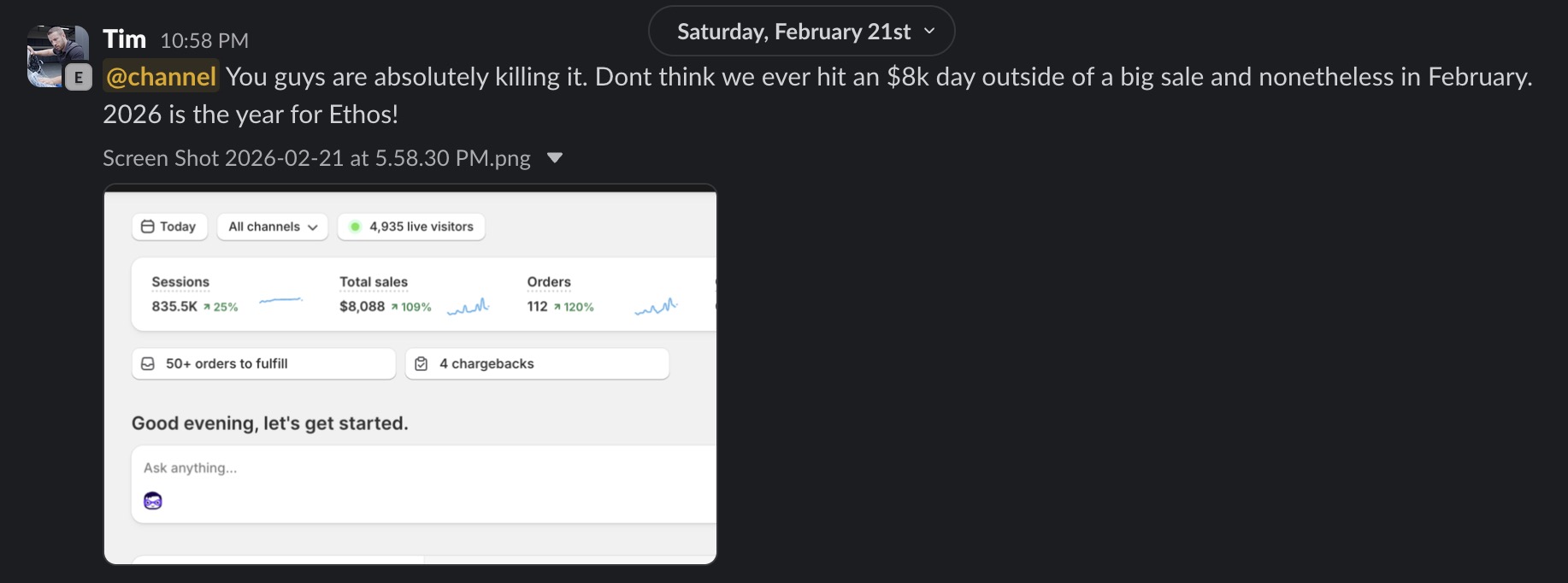 Tim Ethos: 8k sales day, +109%